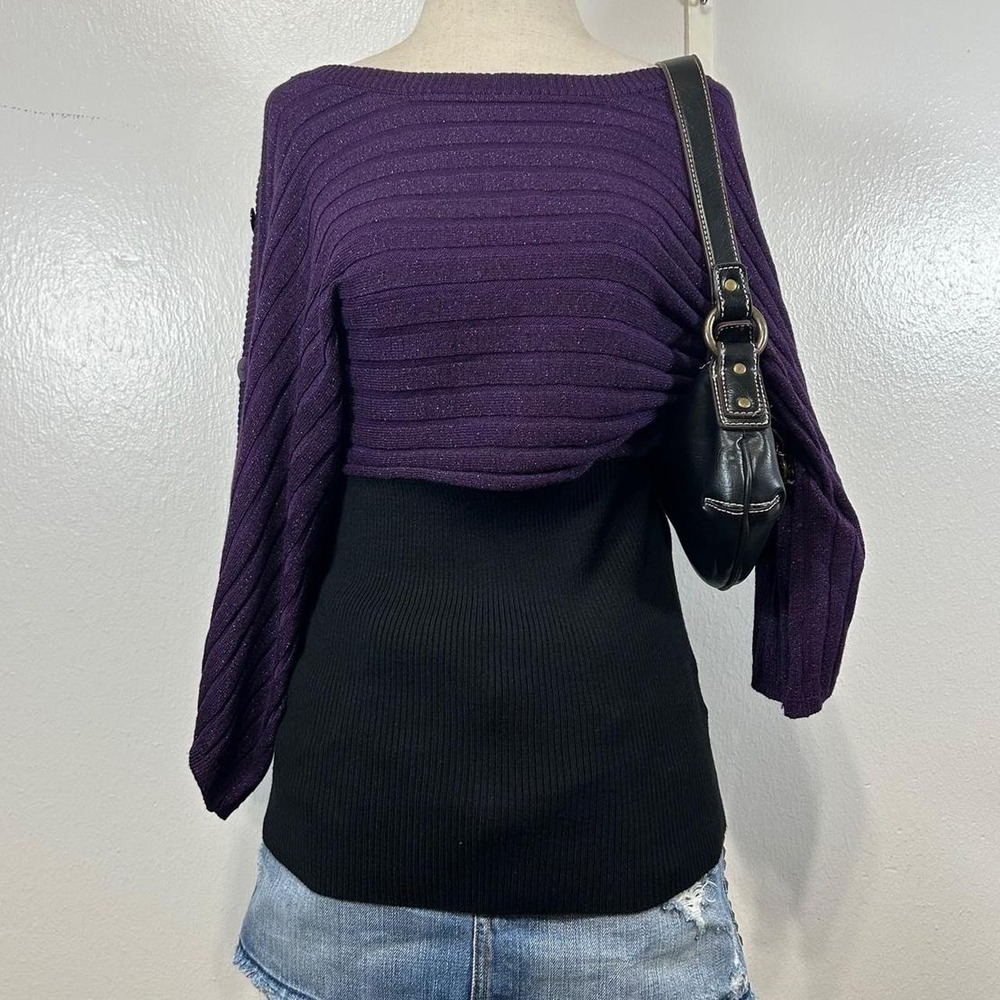 Y2K Purple Shimmer Ribbed Knit Batwing Sweater Top Bell Sleeve Womens L - Picture 2 of 7